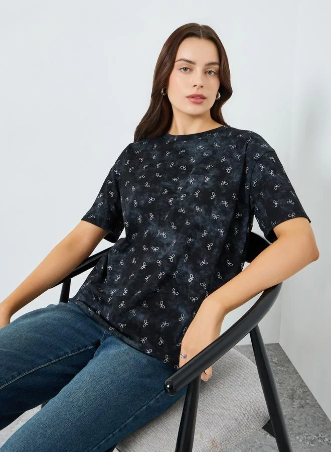 Styli Women Grey Bow Print Oversized T-Shirt